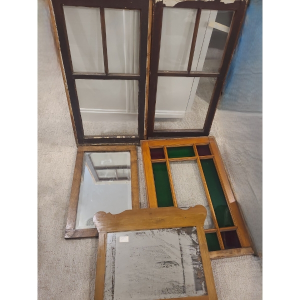 Vintage Window Panels 17 w 33 l.  Panel w Red/Green Glass 30 w 20 l.  Vintage Mirrors 23 w 17 1/2 l