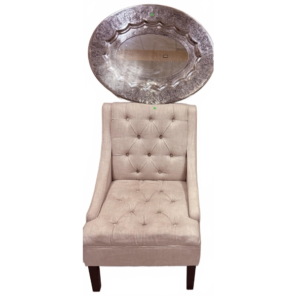 Tufted Linen Accent Chair and Ornate Oval Wall Mirror