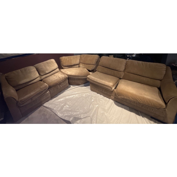 Camel Velvet Large L Shaped Couch, Some Damage See Photos, Longest Side is ~115L, 35T 
