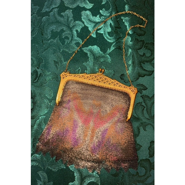 Antique Whiting & Davis Dresden Painted Metal Mesh Handbag Gold Tone Handle 8"tall