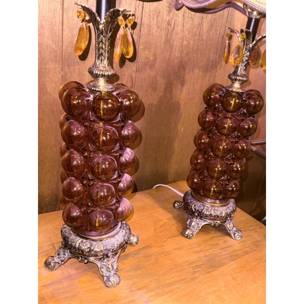 Mid-Century Modern Amber Glass Bubble Lamps With Original Shades