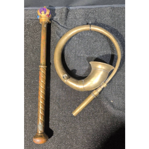 Brass Ceremonial Mace and Brass Hunting Horn