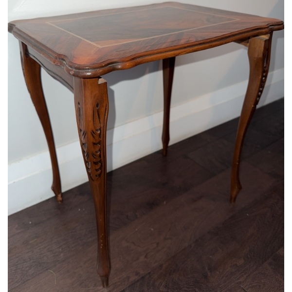 Wood Side Table with Inlaid Top and Carved Sk