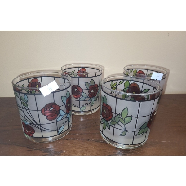 Vintage Cutler Stained Glass Style Rose Tumblers, Set of 4  