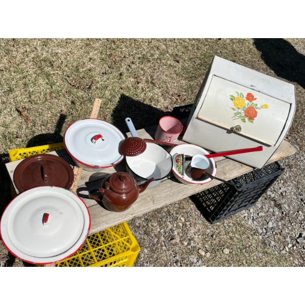 Enamel bread box with assortment of bowls, ladle, strainer, teapot Pink Enamel Mug