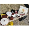 Image 1 : Enamel bread box with assortment of bowls, ladle, strainer, teapot Pink Enamel Mug