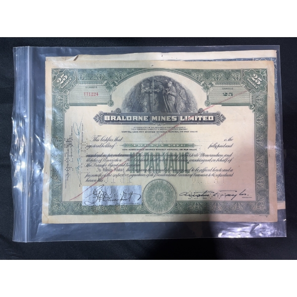Bralorne Mines 25 Share Certificate and Stamp