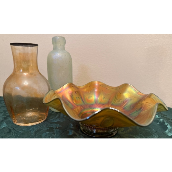 Iridescent Carnival Glass Ruffled Bowl, Decanter & Frosted Bottle-Marigold Carnival Gls