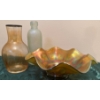 Image 1 : Iridescent Carnival Glass Ruffled Bowl, Decanter & Frosted Bottle-Marigold Carnival Gls