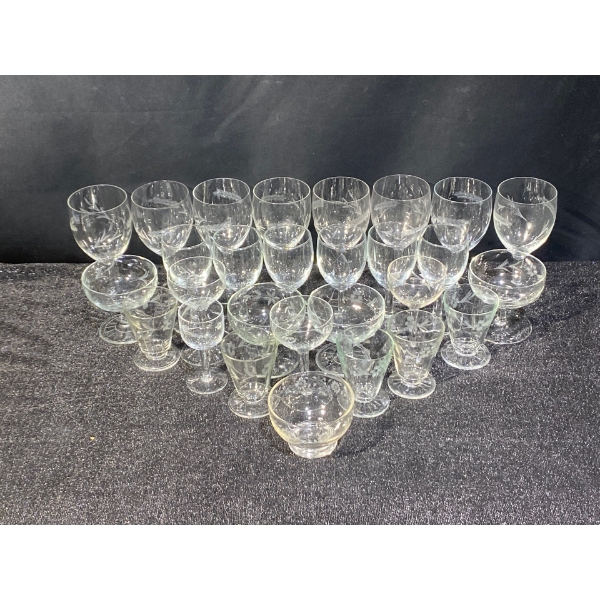 Vintage Etched Crystal Stemmed Glasses and Sherbet Cup