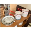 Image 3 : vintage white enamelware colander, likely featuring a black rim and footed base. Large kettle, doubl