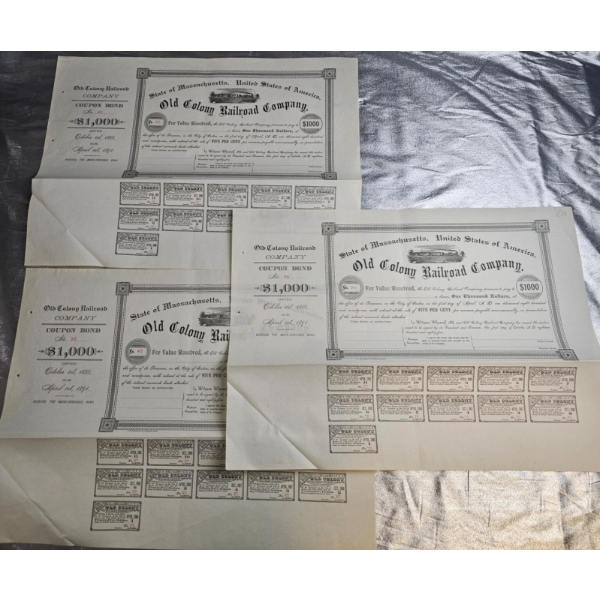 Antique Coupon Bonds Issued By The Old Colony Railroad Company In Massachusetts, Dated April 1, 1891