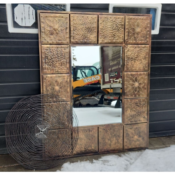 Copper Toned Metal Framed Mirror ( 65"W x 50"H) and Metal Swirl Wall Art (31"H)
