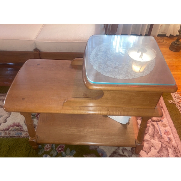 Vintage MCM Solid Wood Two-Tier Telephone Table w/Protective Glass Top 28"x 18"x 25"tall