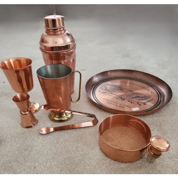 Copper Decor: Martini Shaker 9.5 T, Plate 12" Diameter, Bar Jigger, Wine Coaster and More!