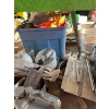 Image 2 : shop table with electric motors, Arius tools, pipe vintage license plate, plates, axis sledgehammer 