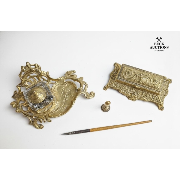 Vintage Art Nouveau Style Desk Set Features An Ornate Brass Inkwell Stand,  Brass Stamp Box 
