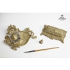 Image 1 : Vintage Art Nouveau Style Desk Set Features An Ornate Brass Inkwell Stand,  Brass Stamp Box 