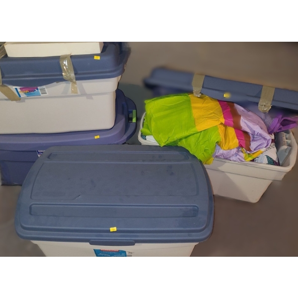 Big Bins w/ Bed Linens, Bath Mats, Tablecloths and 1 Full Bin of Youth Clothing 