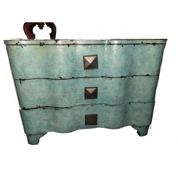 Blue Distressed Three-Drawer Wave Front Chest