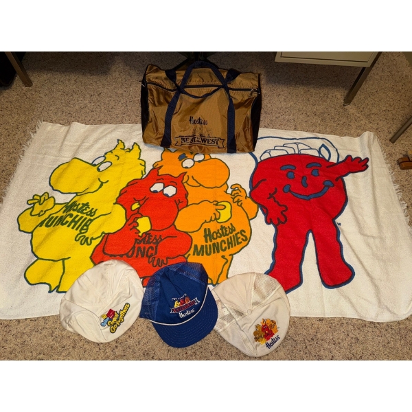 Hostess Munchies Memorabilia- Bath Towel, Three Hats & Duffle Bag