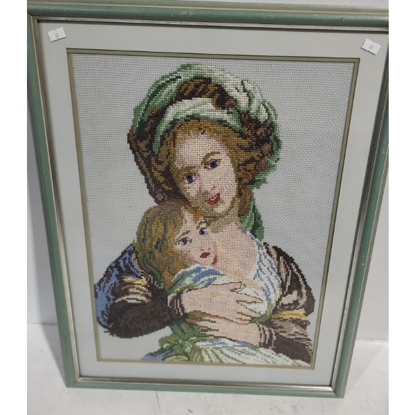 Needlecraft of Woman and Child, Framed Under Glass 20 x 25.5