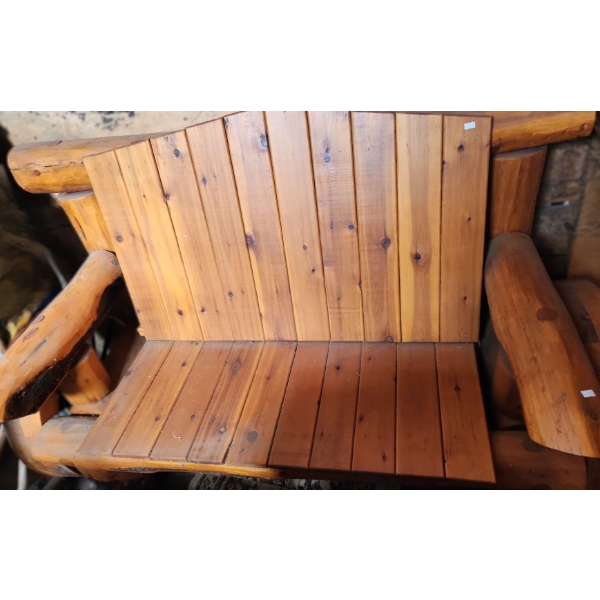 - Sturdy Wooden Log Bench w/ Wheel Accents 58 W, 29 D, 33 T