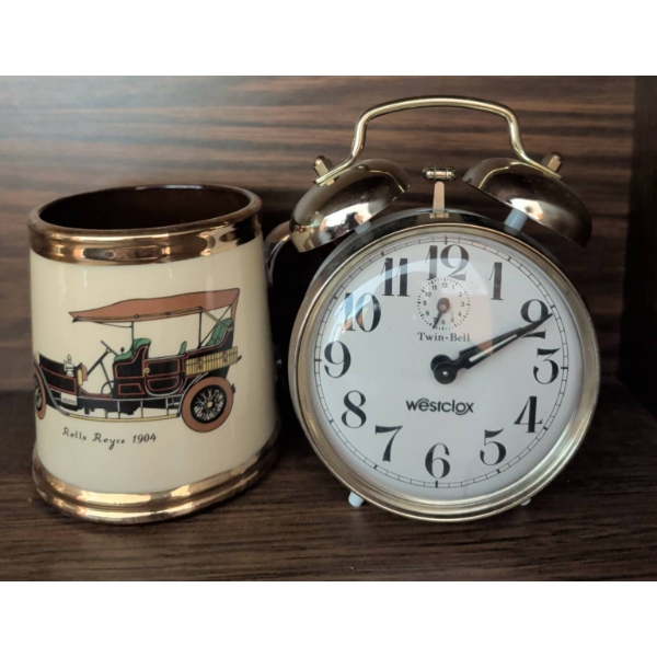 Gibson Mug With Rolls-Royce Design and Westclox Twin-Bell Alarm Clock