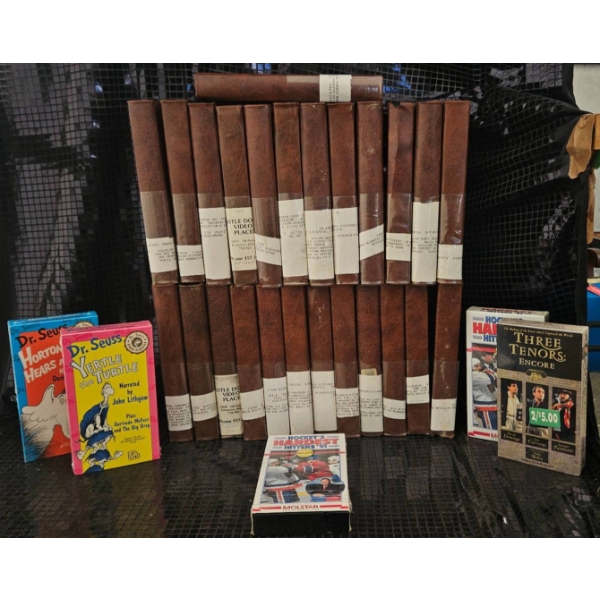 Leather-Bound Books with Assorted Dr. Seuss and VHS Tapes
