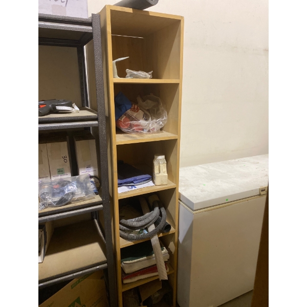 Wooden Shelf Unit with Contents Including Assorted Materials and Tools