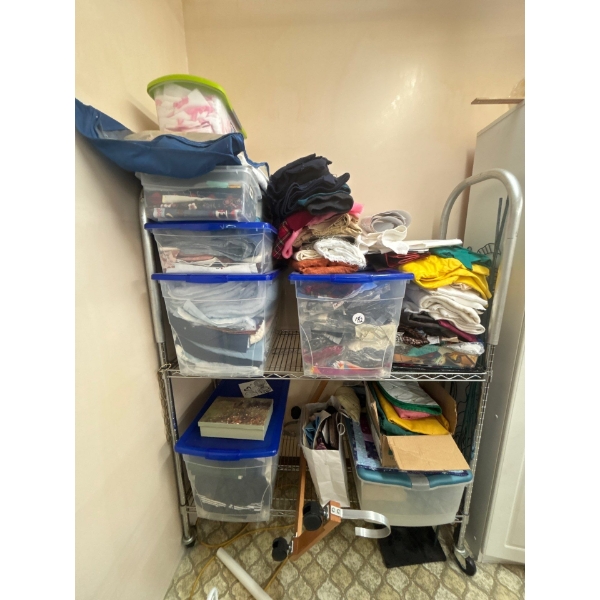  large quantity of fabric, and quilting, material and so much more, including rolling shelf and all 