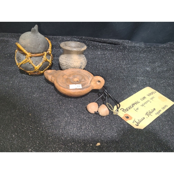 Small Decorative Collectibles: Jar w/ Lid 4 T , Jar 2.5 T, Incense Holder 5 W, 3 D, 2 T, Clay Whorls