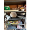 Image 3 : Two metal shelves with contents, kitchen supplies, vacuum several small bins, enamel cookware, kids,