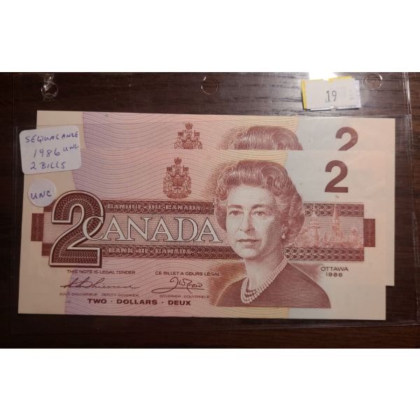 Bank of Canada 1986- $2 Sequential Bills EGJ7007110/ 11