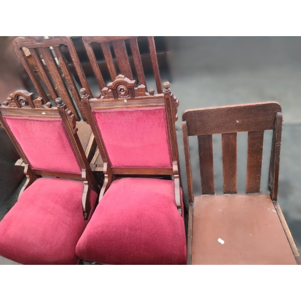 Five Chairs: Two Brown 18 W, 17 D, 40 T, Two Maroon 18.5 W, 17 D, 37 T , Rocking 17.5 W, 30 D, 30 T