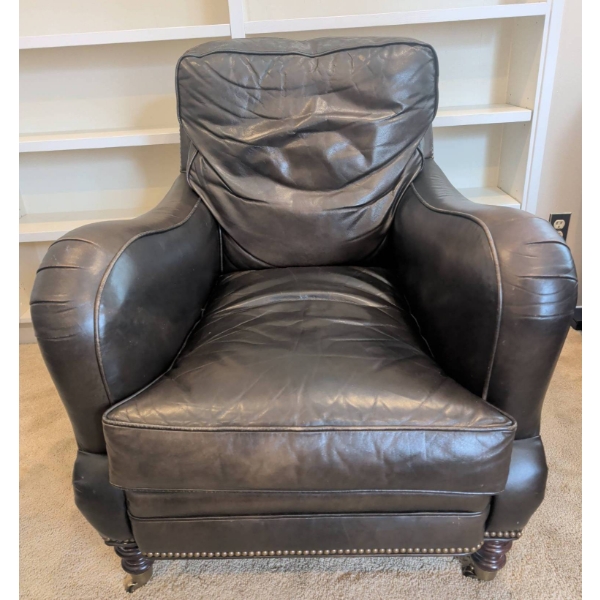 Genuine Leather Club Chair with Brass Nailhead Trim and Turned Legs in Chocolate Brown
