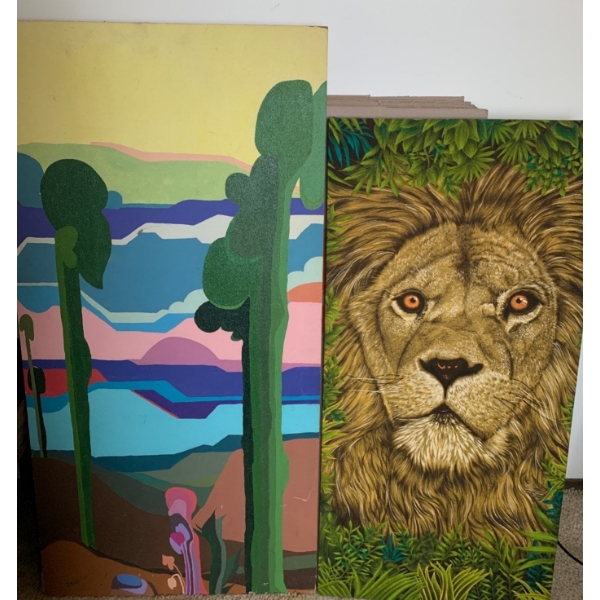 Oil on Canvas Lion Painting w/ Cartoon Landscape 18x16