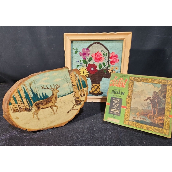Hand Woven and Hand Painted Folk Art with Antique Jigsaw Puzzle
