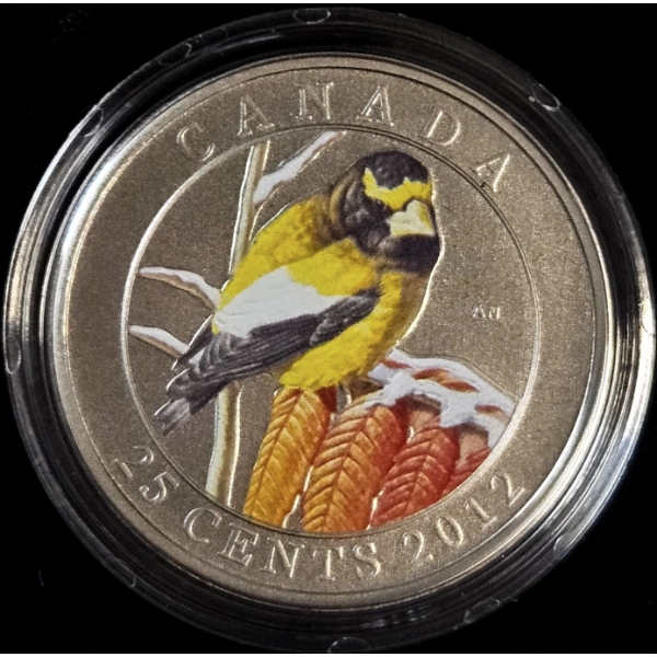 2012 25¢ Birds of Canada: Evening Grosbeak - Coloured Coin