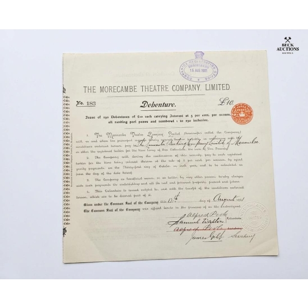 Vintage Document Is A £10 Debenture Certificate Issued By The Morecambe Theatre Company Limited 1901