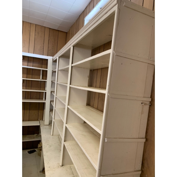 Vintage store display shelving unit, buyer responsible for disassembly and moving. Two sections, fir