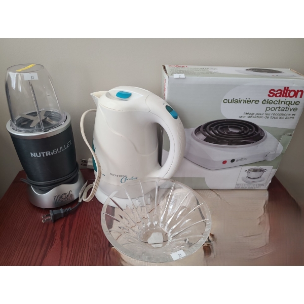 Marquis by Waterford Bowl, Salton Single Burner, Nutribullet Magic Bullet Blender, Westbend Kettle