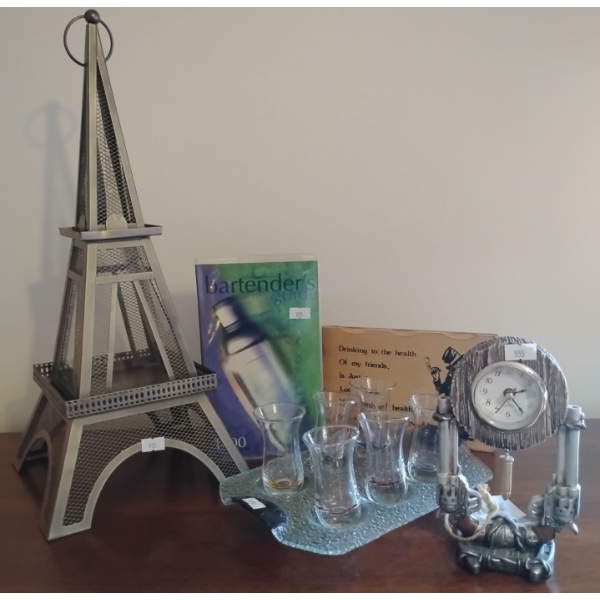 Eiffell Tower Trinket Box 17T Bartenders Handbook Shot Glasses w/ Tray & More