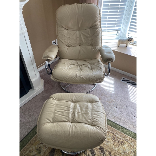 Chairworks Modern Chrome And Cream Leather Chair With Footrest 