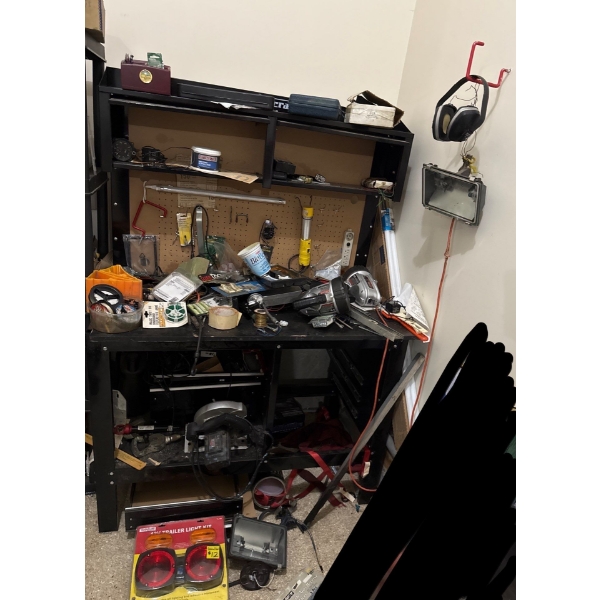Garage Work Table (Needs Work, 48W, 69T) Incl. Tool Contents (Light, Jobmate Circular Saw and More) 