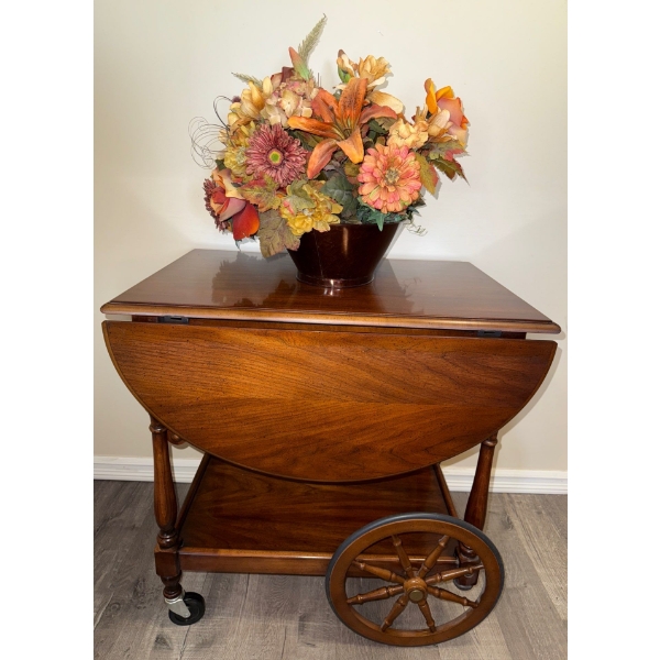 Charming Walnut Bar Cart w/ Faux Florals 29x20x29