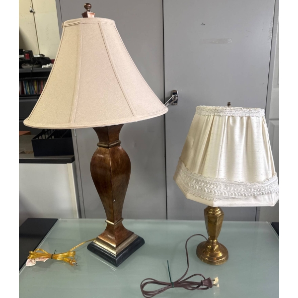 Table Lamps: One Brass and One Wooden with Fabric Shades