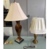 Image 1 : Table Lamps: One Brass and One Wooden with Fabric Shades
