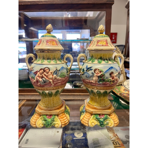 Vintage Ardalt Italian hand-painted ceramic lidded urns, often styled as lam3Lps, 