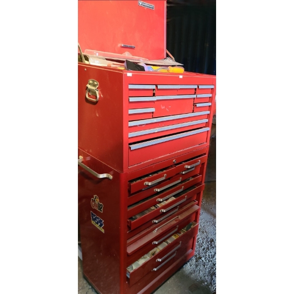 Red Metal Toolboxes/ Contents: Upper Cabinet: 26.5 W, 17.5 D, 19 T,  Wheeled Base: 27 W, 18 D, 42 T